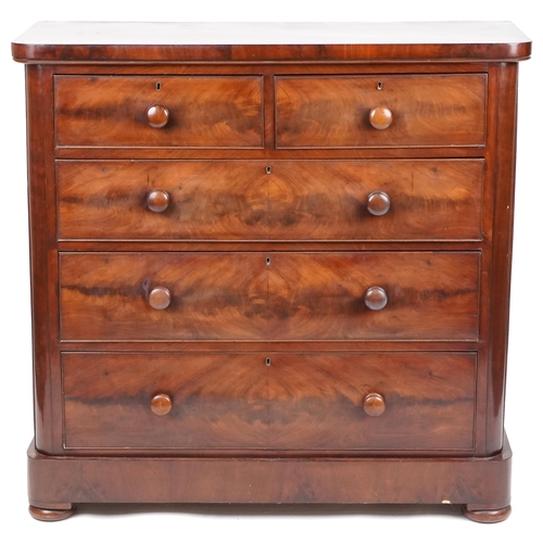 1008 - Victorian figured mahogany chest of two short and three long drawers on bun feet, 117cm H x 120cm W ... 