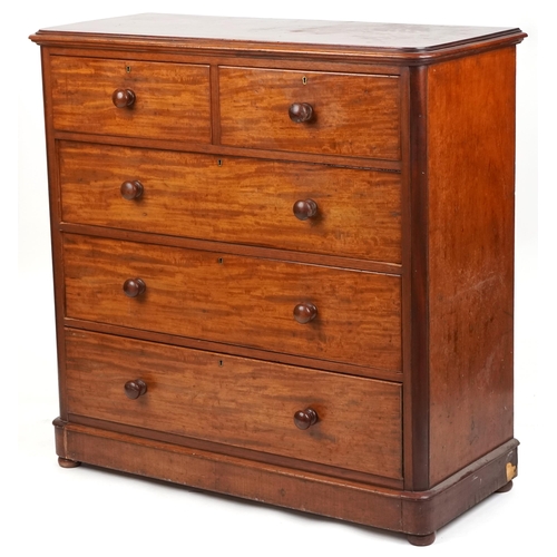 1007 - Victorian mahogany chest of two short and three long drawers on bun feet, 120cm H x 118cm W x 51cm D