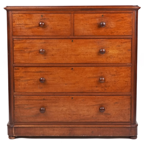 1007 - Victorian mahogany chest of two short and three long drawers on bun feet, 120cm H x 118cm W x 51cm D