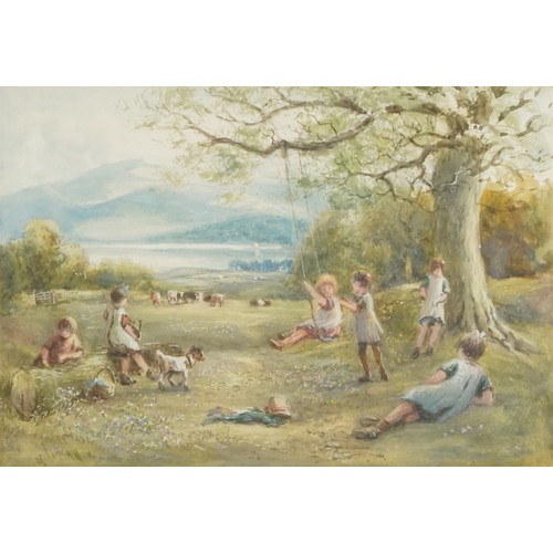 3635 - Children playing on a rope swing, 19th century British school watercolour on paper, framed and glaze... 