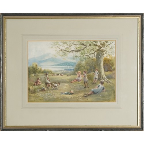 3635 - Children playing on a rope swing, 19th century British school watercolour on paper, framed and glaze... 