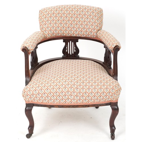 1052 - Edwardian mahogany framed tub back salon armchair with upholstered seat, back and arms, on cabriole ... 