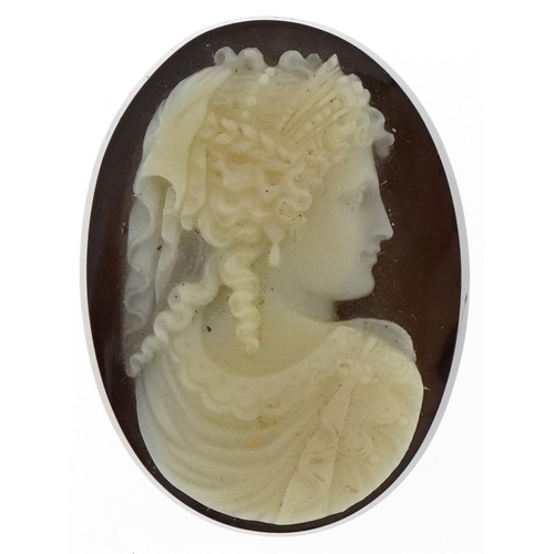 3150 - Antique cameo hardstone panel carved with a maiden head, 3.3cm high, 8.8g