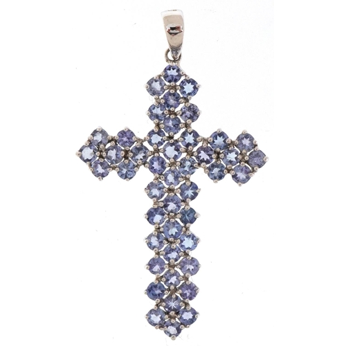 3173 - 9ct white gold purple stone cross pendant, 4.5cm high, 3.4g