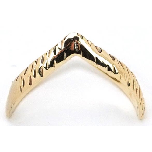 3311 - 9ct gold engine turned wishbone ring, size K, 1.5g