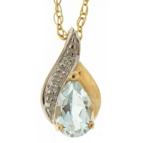 3250 - 9ct gold blue topaz and diamond teardrop pendant on a 9ct gold necklace, 1.1cm high and 44cm in leng... 