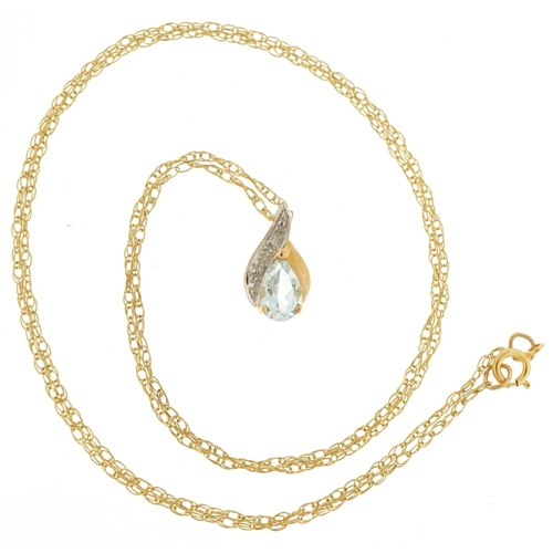 3250 - 9ct gold blue topaz and diamond teardrop pendant on a 9ct gold necklace, 1.1cm high and 44cm in leng... 