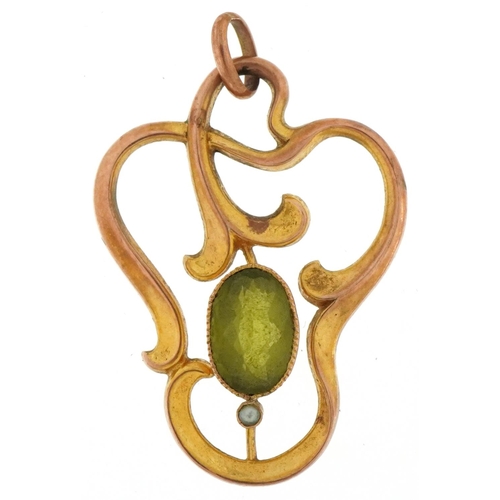 3255 - Art Nouveau 9ct gold green stone and seed pearl openwork pendant, 3cm high, 1.7g