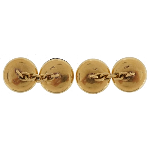 3205 - Pair of Art Deco 18ct gold, diamond, mother of pearl and black enamel cufflinks housed in a fitted c... 