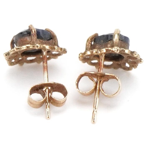 3280 - Pair of unmarked gold sapphire love heart stud earrings, each 8mm high, total 0.9g