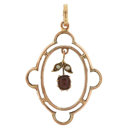 3276 - Edwardian 9ct gold garnet and seed pearl openwork pendant, 3.5cm high, 2.0g