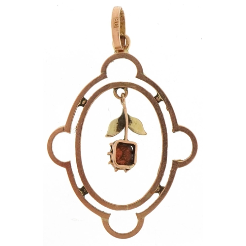 3276 - Edwardian 9ct gold garnet and seed pearl openwork pendant, 3.5cm high, 2.0g