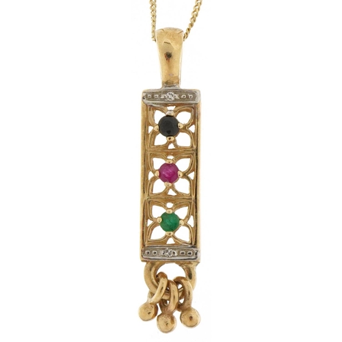 3260 - 9ct gold multi gem pendant on a 9ct gold necklace, the pendant set with diamonds, emerald, ruby and ... 