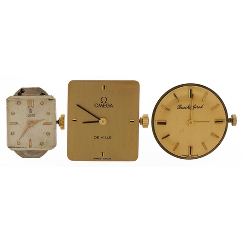 3322 - Three wristwatch movements comprising Omega Deville, Tudor and Bueche-Girod