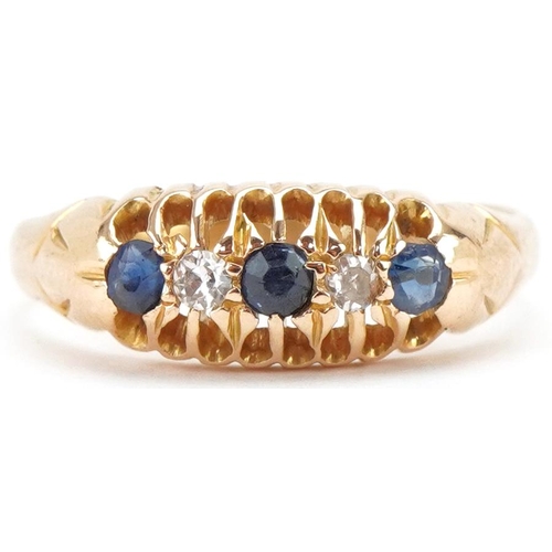 3271 - Antique 18ct gold sapphire and diamond five stone ring, indistinct Chester hallmarks, size M/N, 2.8g