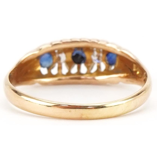 3271 - Antique 18ct gold sapphire and diamond five stone ring, indistinct Chester hallmarks, size M/N, 2.8g