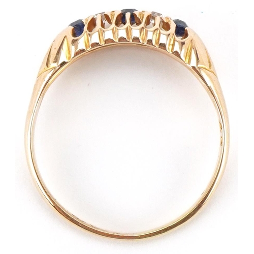 3271 - Antique 18ct gold sapphire and diamond five stone ring, indistinct Chester hallmarks, size M/N, 2.8g