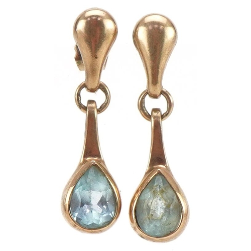 3298 - Pair of 9ct gold blue topaz teardrop earrings, each 2.5cm high, total 3.5g