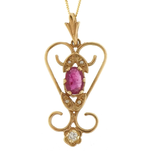 3202 - Art Nouveau style 9ct gold diamond, ruby and seed pearl openwork pendant on a 9ct gold necklace, 3cm... 