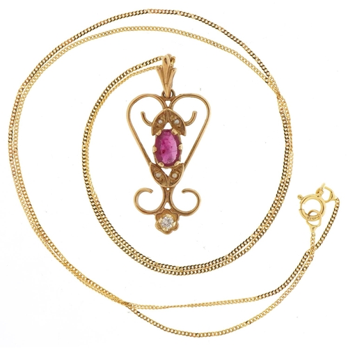 3202 - Art Nouveau style 9ct gold diamond, ruby and seed pearl openwork pendant on a 9ct gold necklace, 3cm... 