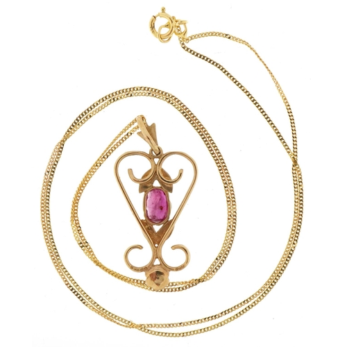 3202 - Art Nouveau style 9ct gold diamond, ruby and seed pearl openwork pendant on a 9ct gold necklace, 3cm... 