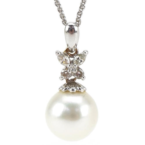 3246 - Unmarked white gold cultured pearl and diamond pendant on a 9ct white gold necklace, 2.5cm high and ... 