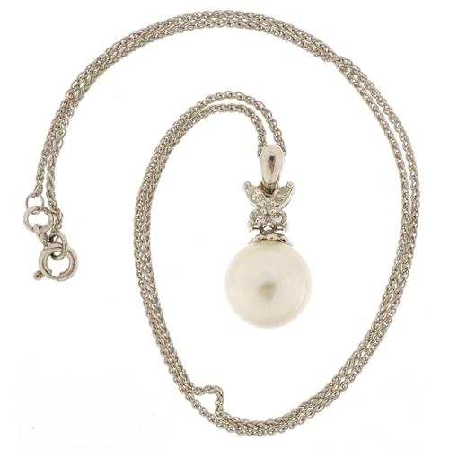 3246 - Unmarked white gold cultured pearl and diamond pendant on a 9ct white gold necklace, 2.5cm high and ... 