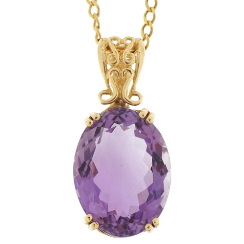 3190 - Large 9ct gold amethyst solitaire pendant on a 9ct gold necklace, the amethyst approximately 19.50mm... 