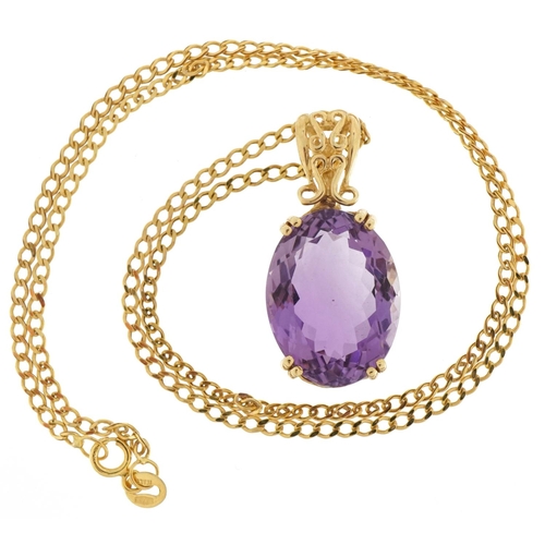 3190 - Large 9ct gold amethyst solitaire pendant on a 9ct gold necklace, the amethyst approximately 19.50mm... 