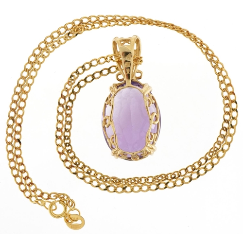 3190 - Large 9ct gold amethyst solitaire pendant on a 9ct gold necklace, the amethyst approximately 19.50mm... 