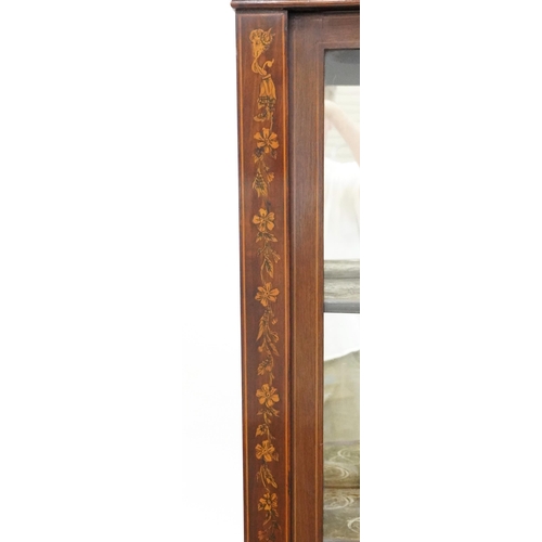 1087 - Edwardian Neo-Classical Revival bow front display cabinet on stand with inlaid decoration, 212cm H x... 