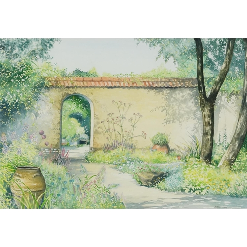 3510 - Heather Winney - Walled cottage floral garden with archway, watercolour, mounted, framed and glazed,... 