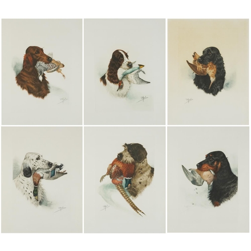 3508 - J B Ruel?  - Dogs with game birds, six prints, each contemporary mounted, framed and glazed, each 60... 