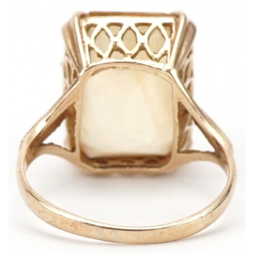 3118 - 9ct gold and citrine rectangular cut dress ring, size O/P, 4.5g