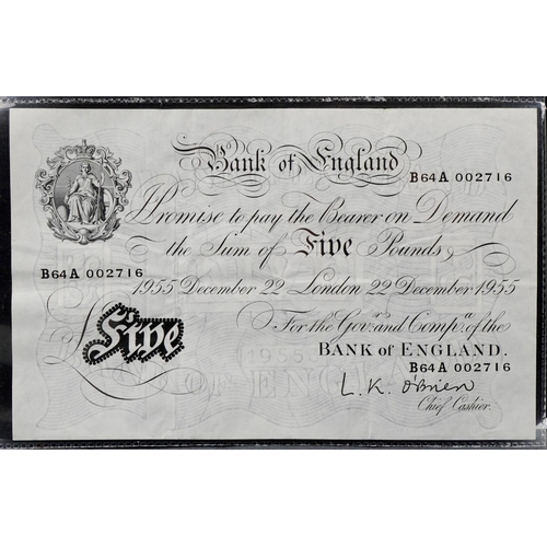 2191 - Three O'Brien Bank of England London 22nd December 1955 white five pound notes with consecutive seri... 