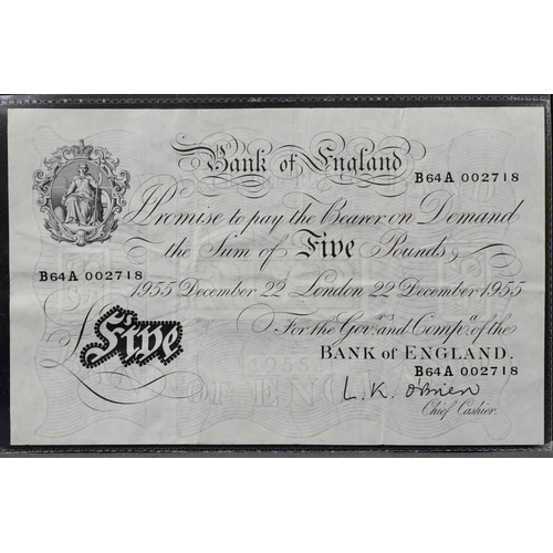 2191 - Three O'Brien Bank of England London 22nd December 1955 white five pound notes with consecutive seri... 