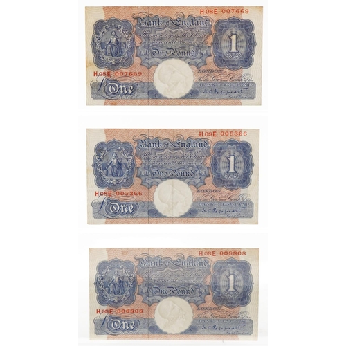 2220 - Seven 1940s Peppiatt one pound notes, five with interesting serial numbers and two O'Brien one pound... 