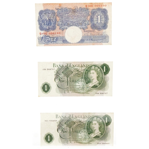 2220 - Seven 1940s Peppiatt one pound notes, five with interesting serial numbers and two O'Brien one pound... 