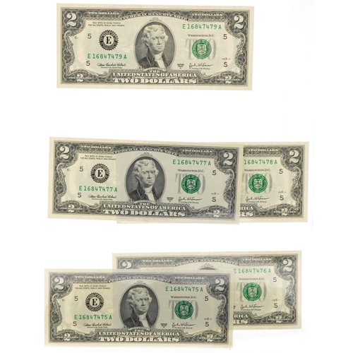 2221 - Five United States of America 2003 series A two dollar notes with consecutive serial numbers E168474... 