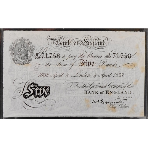 2194 - Peppiatt Bank of England 1938 white five pound note, serial number B200 71758, Bernhard counterfeit ... 