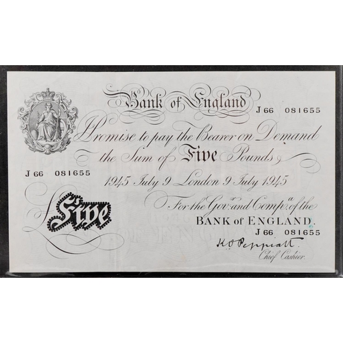 2213 - Peppiatt Bank of England 1945 white five pound note, serial number J66 081655, in uncirculated condi... 