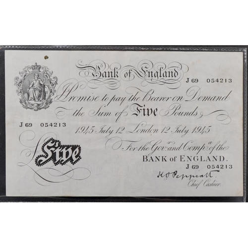 2212 - Peppiatt Bank of England 1945 white five pound note, serial number J69 O54213