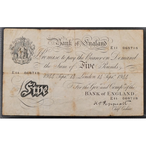 2211 - Peppiatt Bank of England 1944 white five pound note, serial number E11 068718