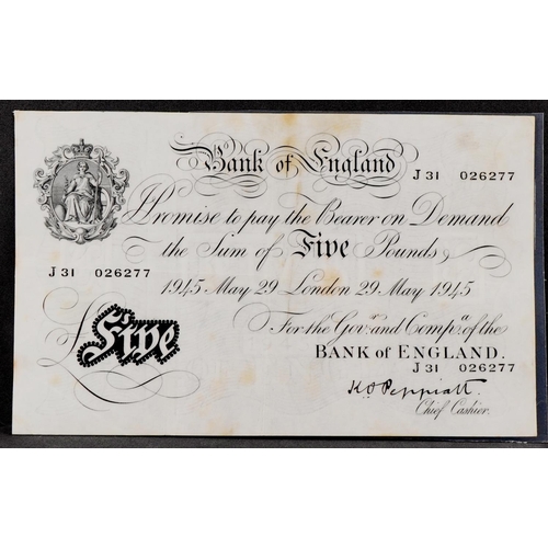 2210 - Peppiatt Bank of England 1945 white five pound note, serial number J31 026277