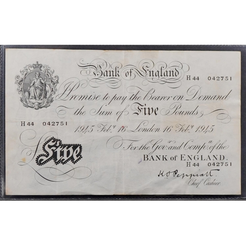 2209 - Peppiatt Bank of England 1945 white five pound note, serial number H44 042751