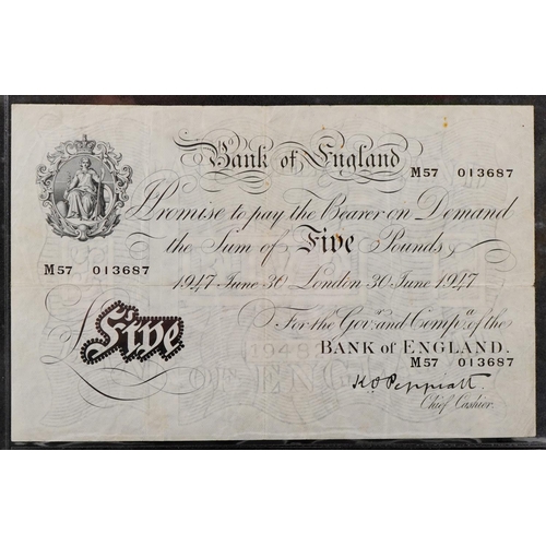 2208 - Peppiatt Bank of England 1947 white five pound note, serial number M57 013687