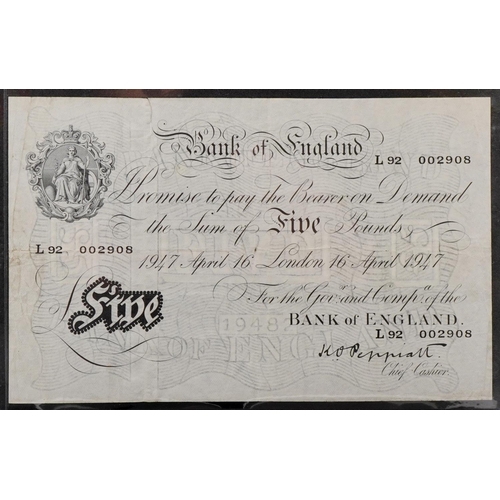 2207 - Peppiatt Bank of England 1947 white five pound note, serial number L92 002908