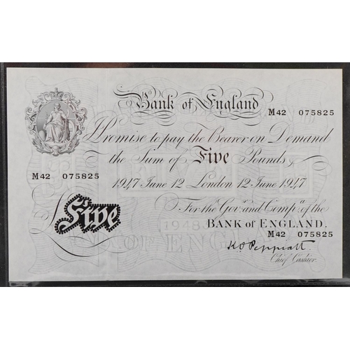 2205 - Peppiatt Bank of England 1947 white five pound note, serial number M42 075825, in uncirculated condi... 