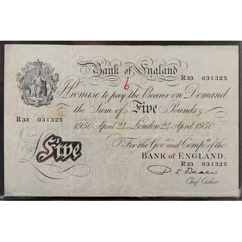 2202 - Beale Bank of England 1950 white five pound note, serial number R33 031325