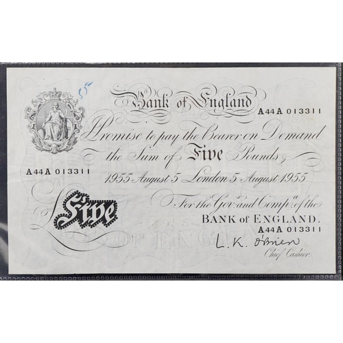 2196 - O'Brien Bank of England 1955 white five pound note, serial number A44A 013311